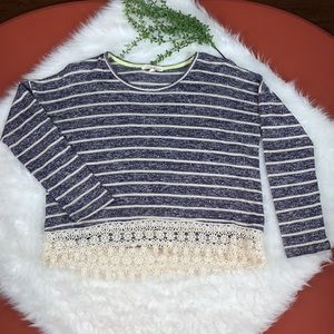 Rewind~Ivory Striped Sweater~Crocheted Lace Trim